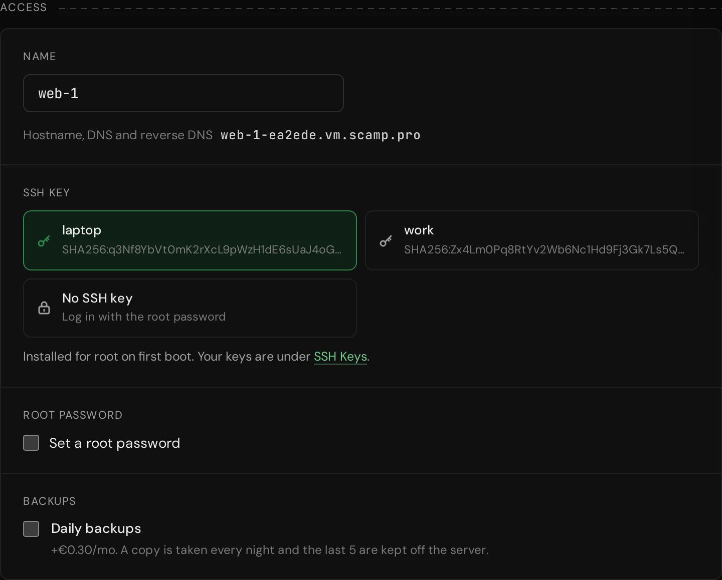 The Access step with a name and the SSH key laptop selected