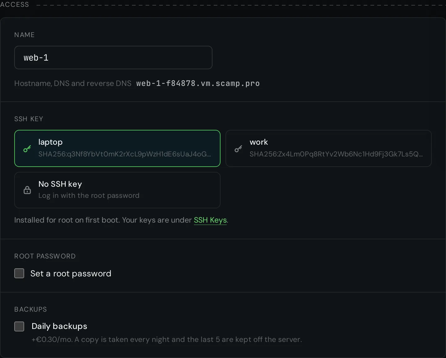 The Access step with a name and the SSH key laptop selected