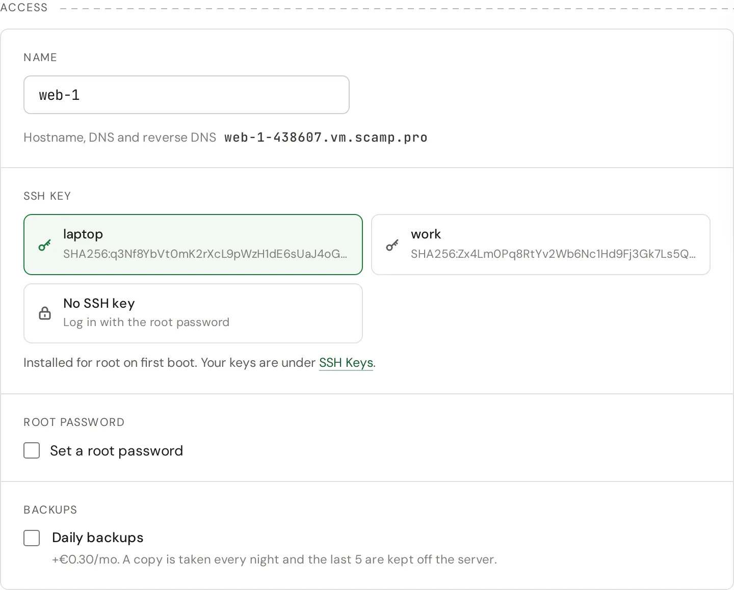 The Access step with a name and the SSH key laptop selected