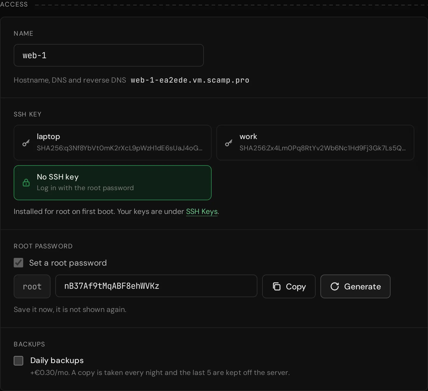 The Access step with No SSH key and a generated root password