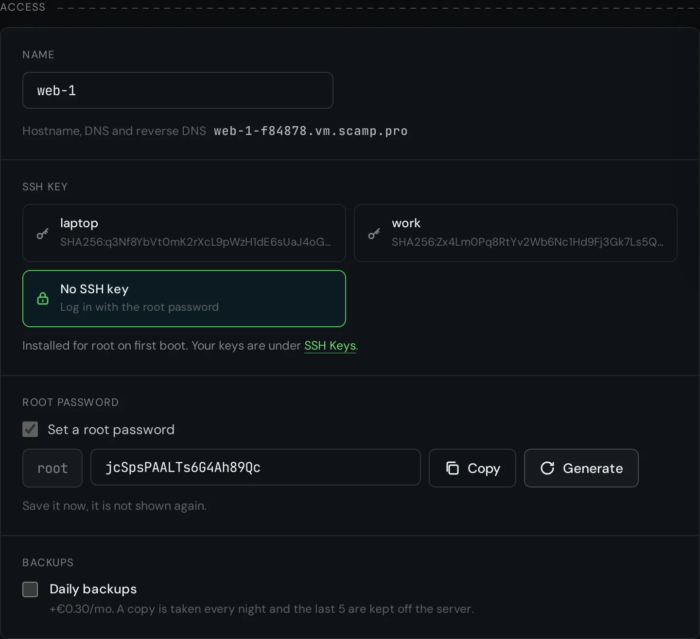The Access step with No SSH key and a generated root password