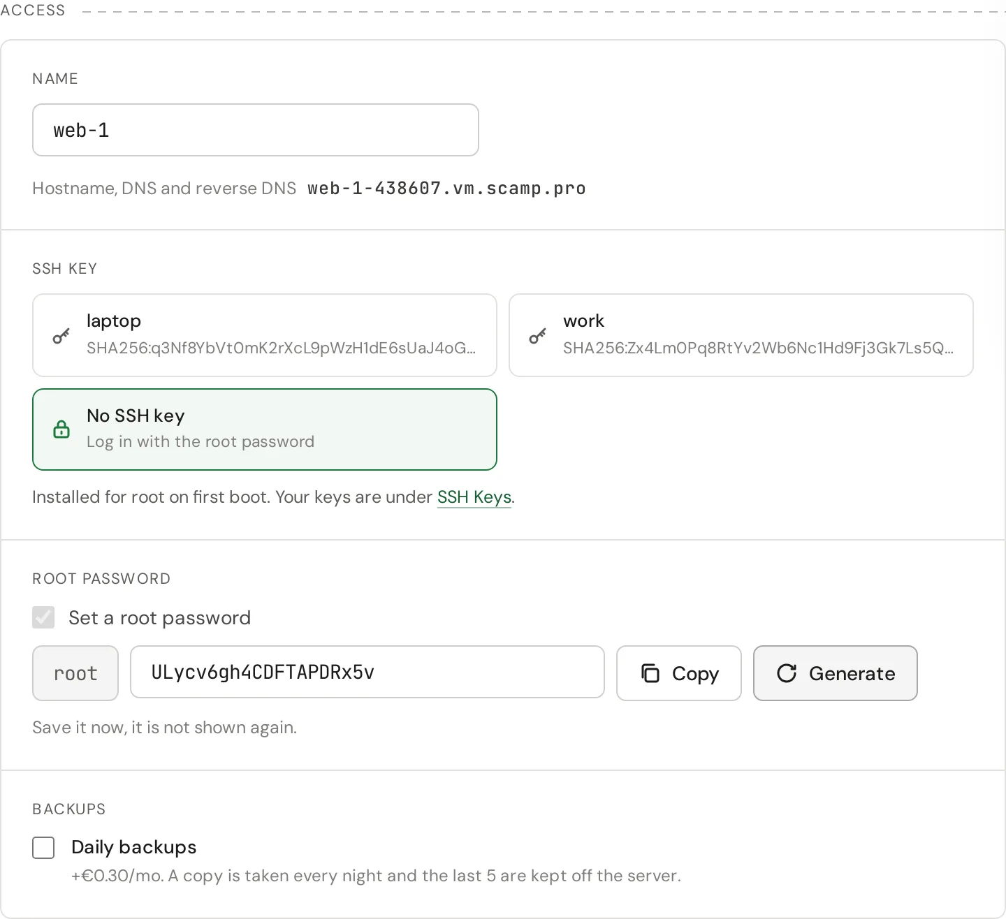 The Access step with No SSH key and a generated root password