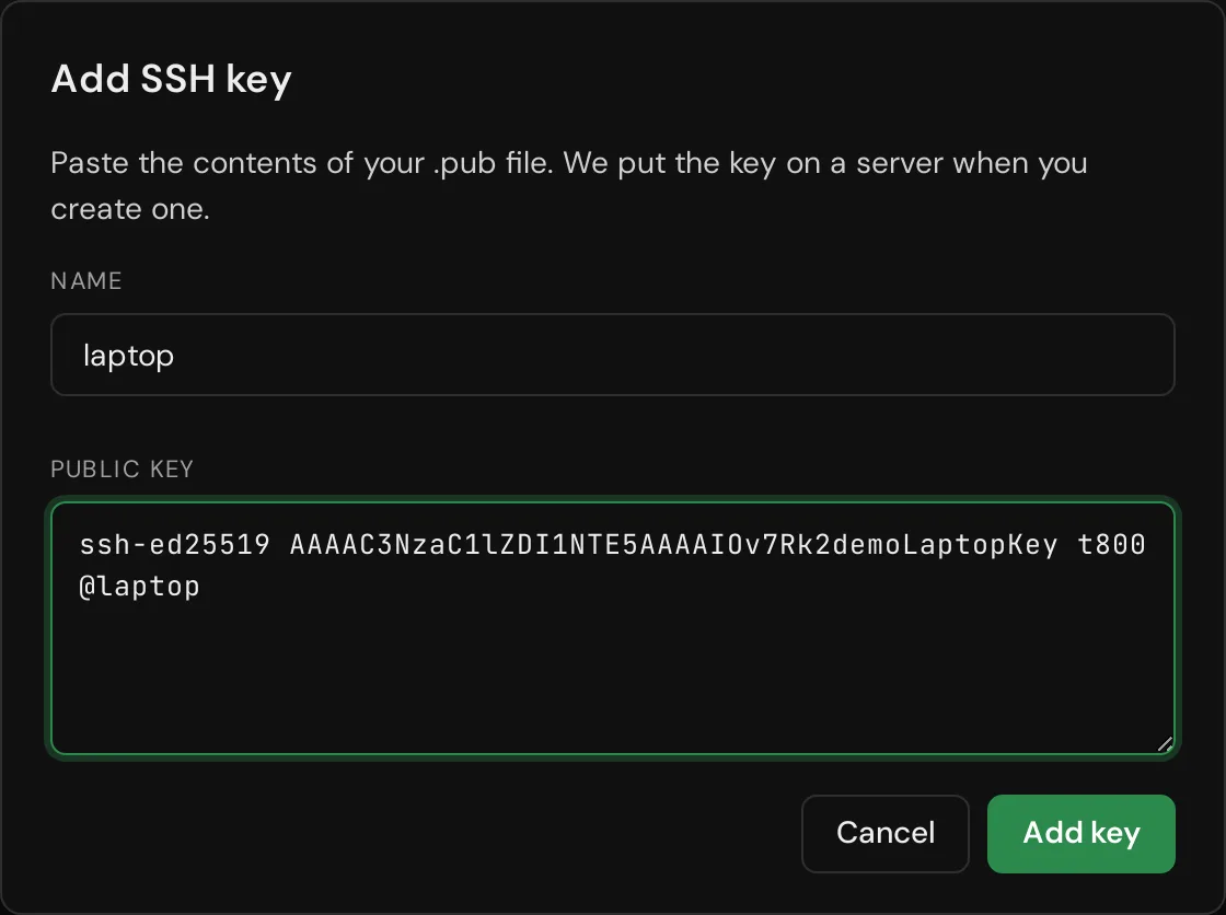 The Add SSH key dialog with a name and a public key filled in