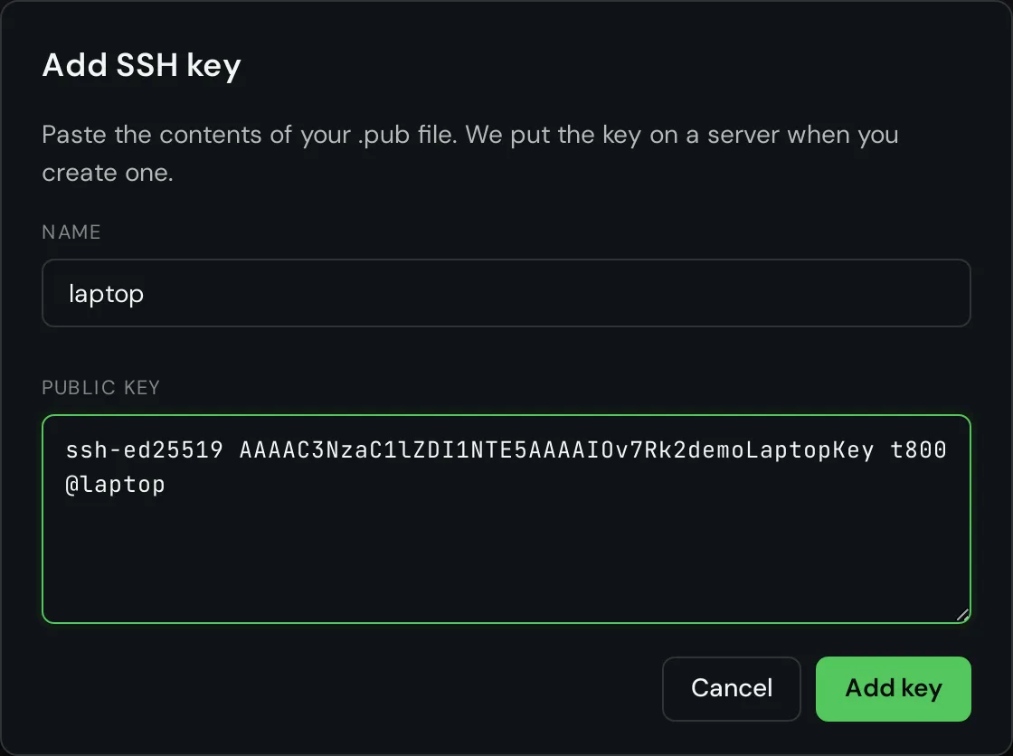 The Add SSH key dialog with a name and a public key filled in