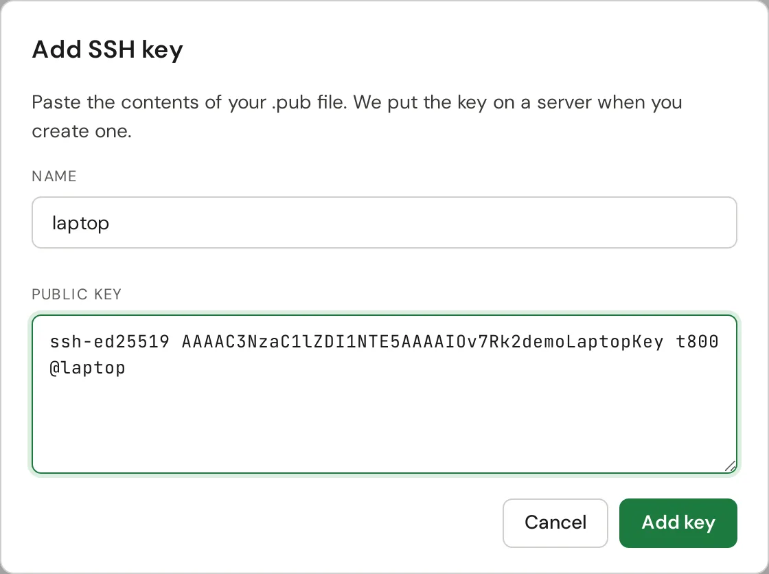 The Add SSH key dialog with a name and a public key filled in