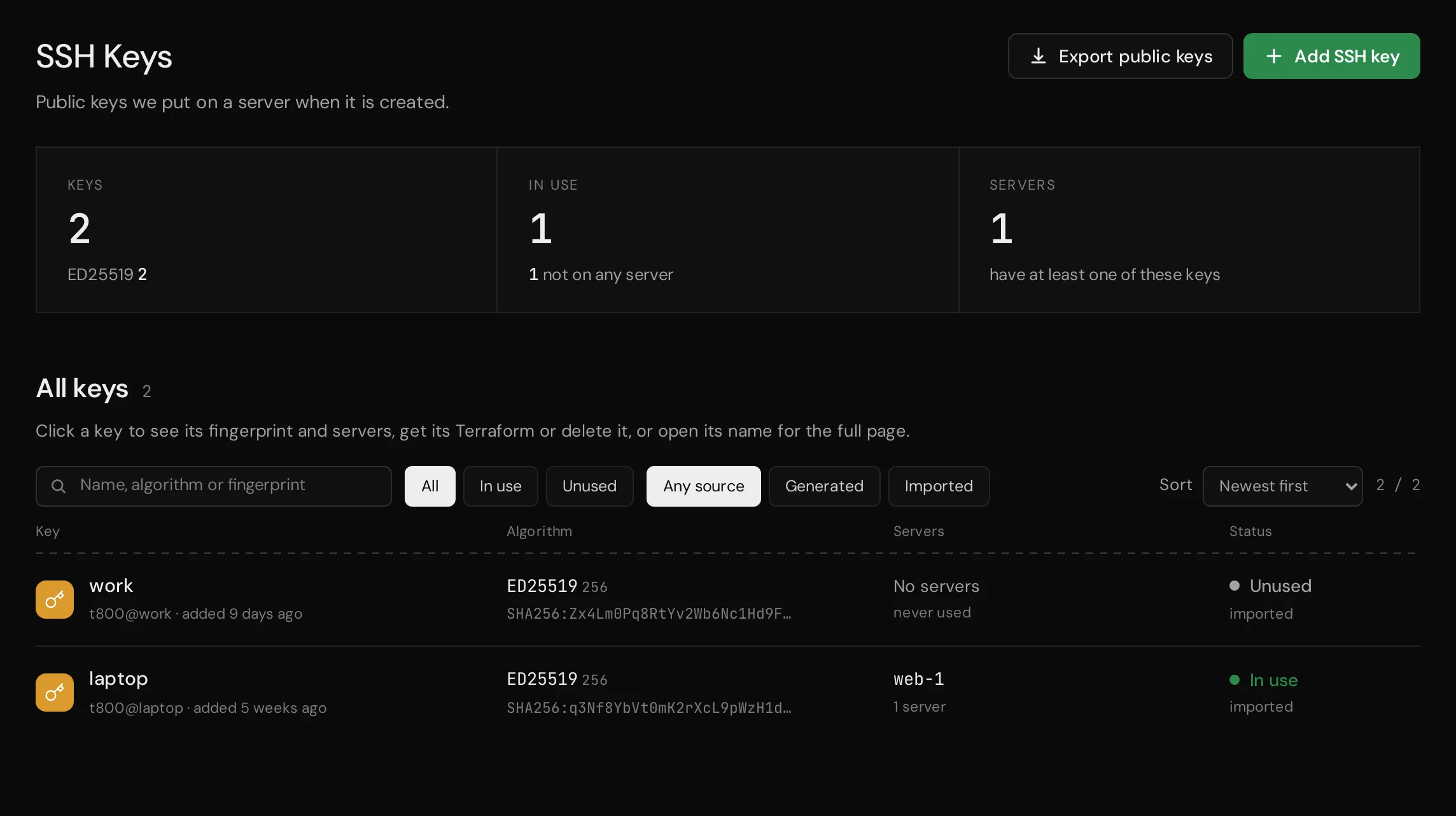 The SSH Keys page of the Cloud Panel with the Add SSH key button