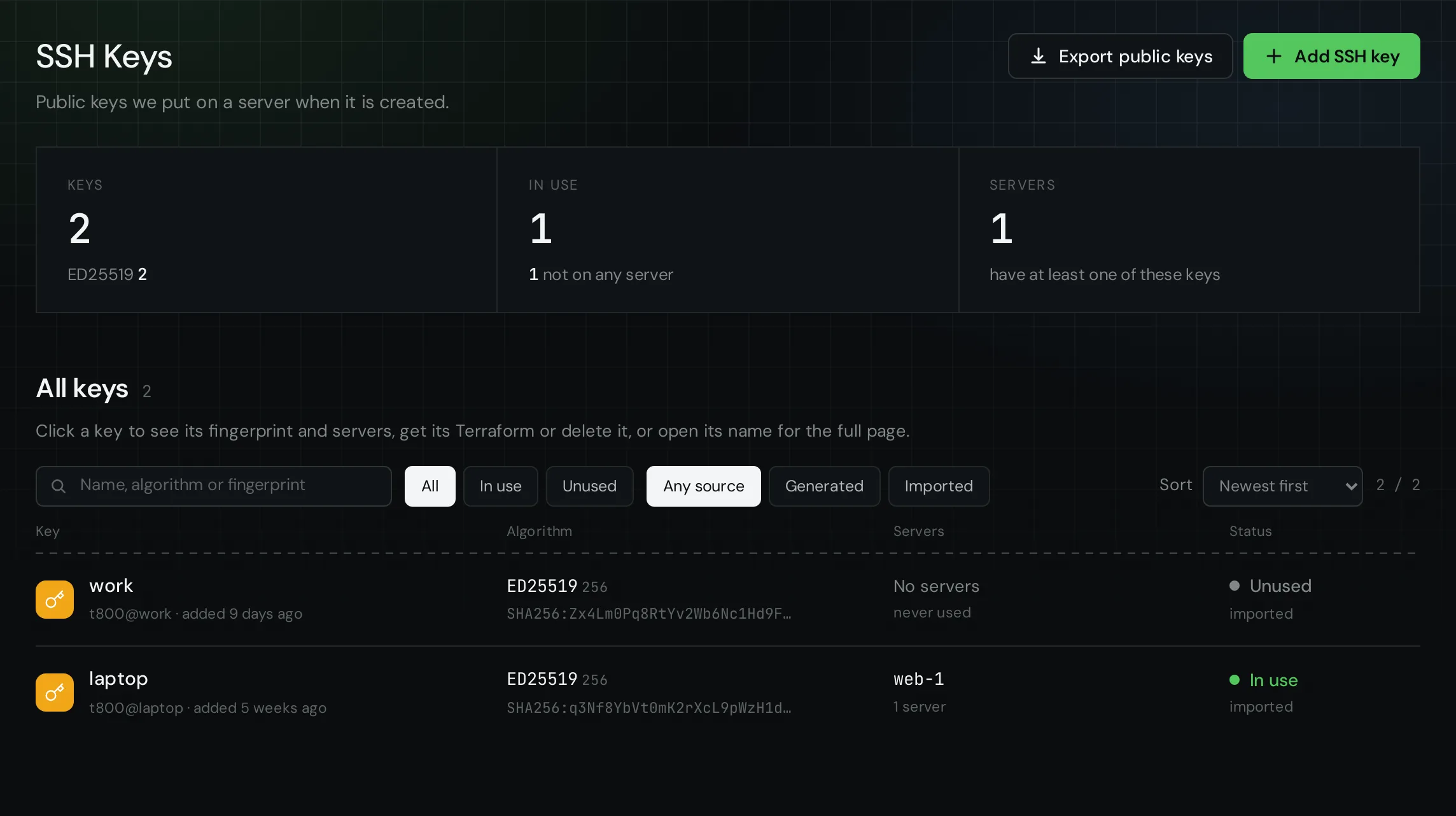 The SSH Keys page of the Cloud Panel with the Add SSH key button