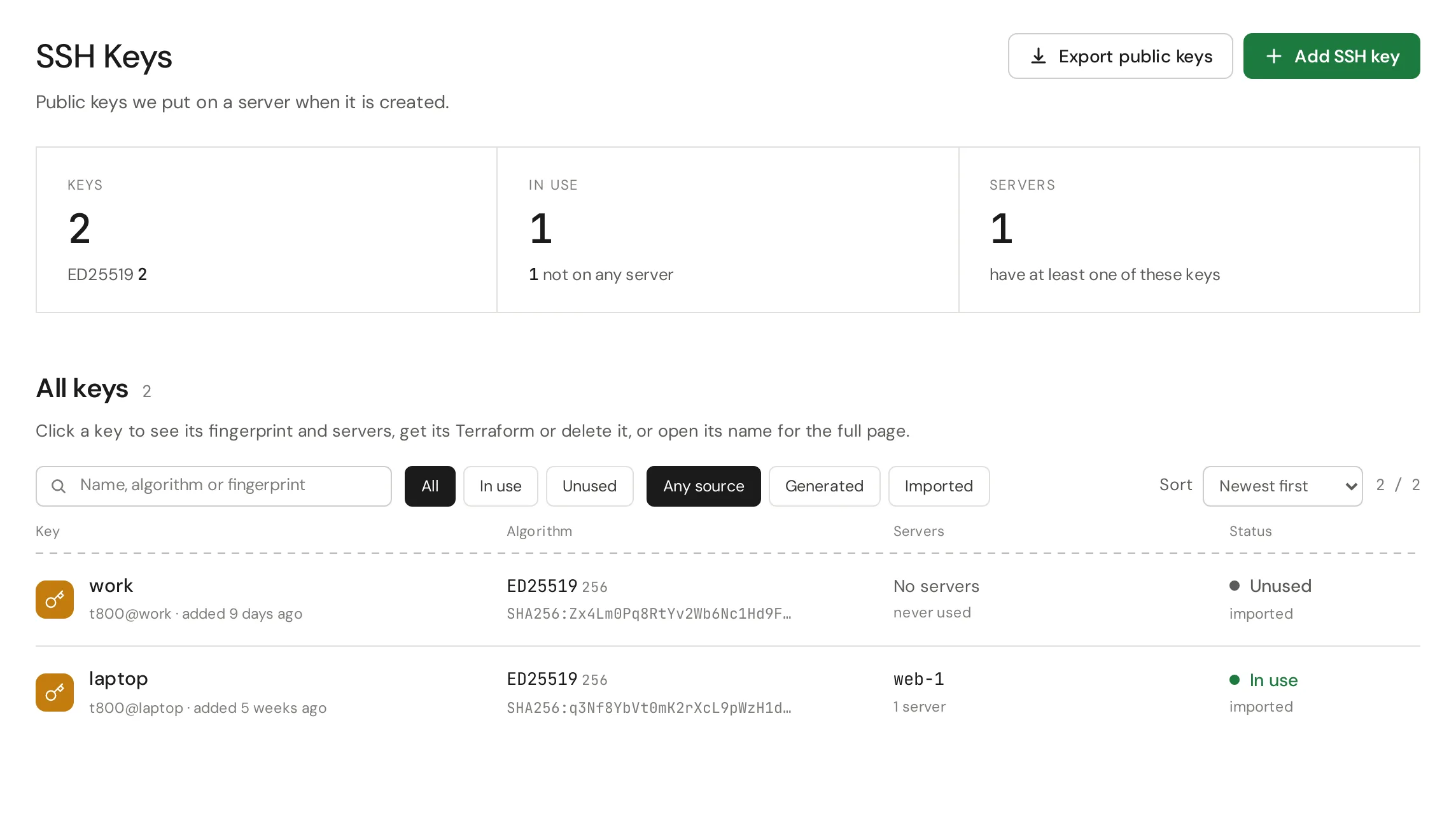 The SSH Keys page of the Cloud Panel with the Add SSH key button
