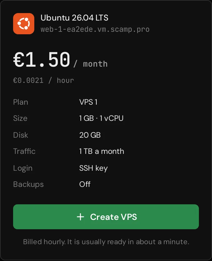 The order summary with the price and the Create VPS button