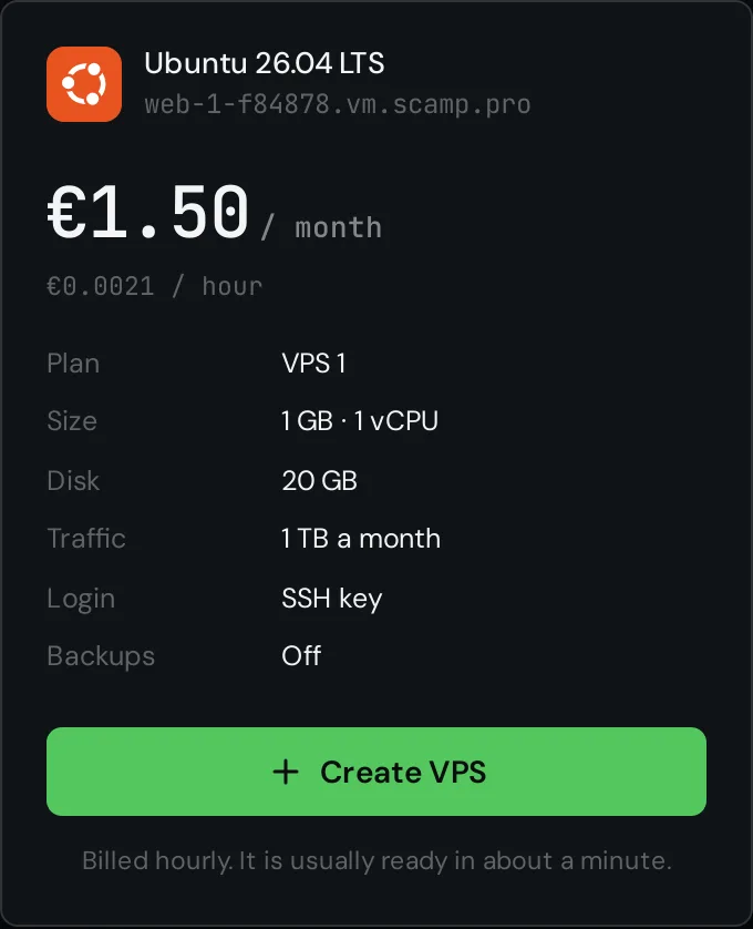 The order summary with the price and the Create VPS button