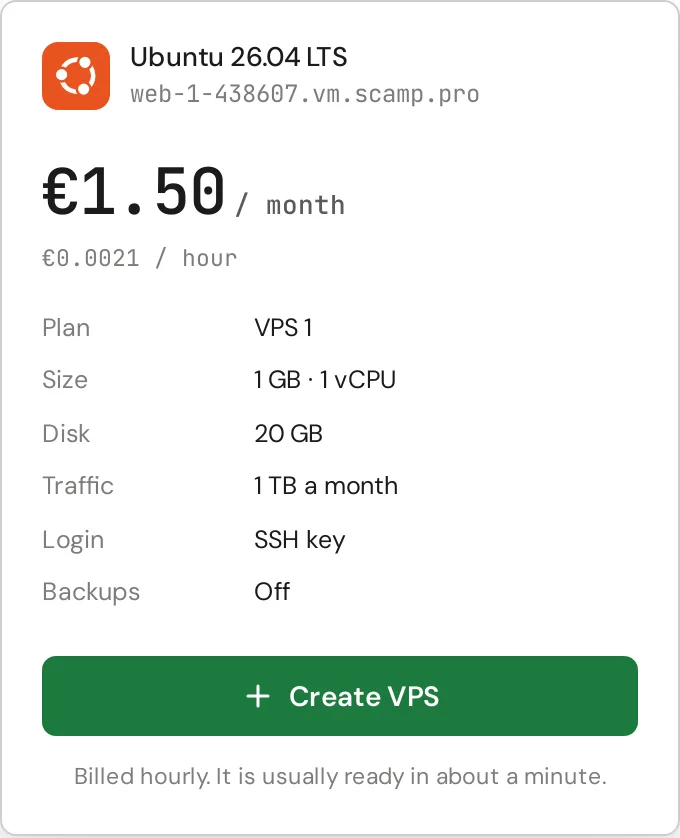 The order summary with the price and the Create VPS button