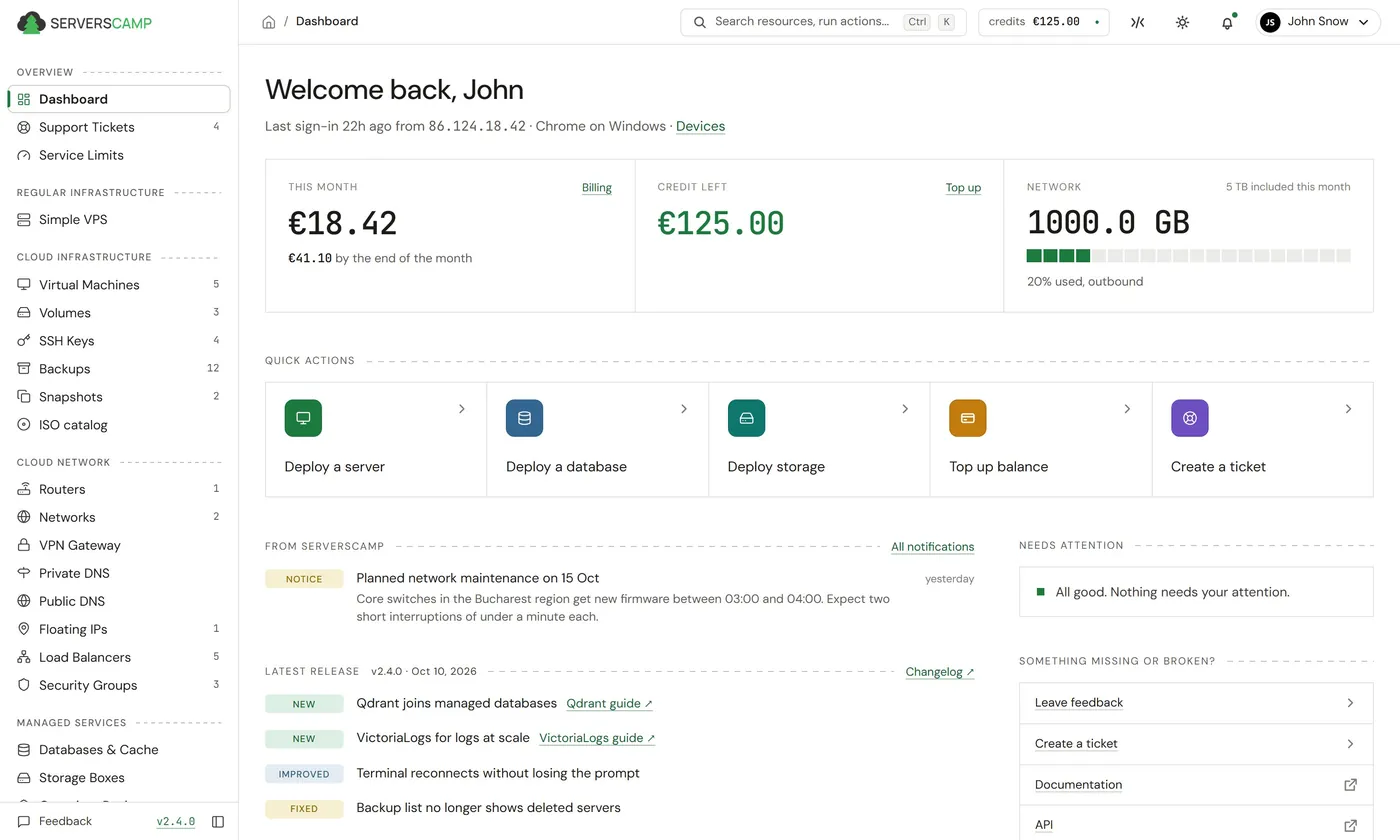 Dashboard page of the ServersCamp Cloud Panel
