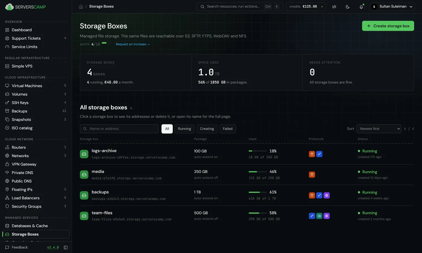 Storage Boxes page of the ServersCamp Cloud Panel