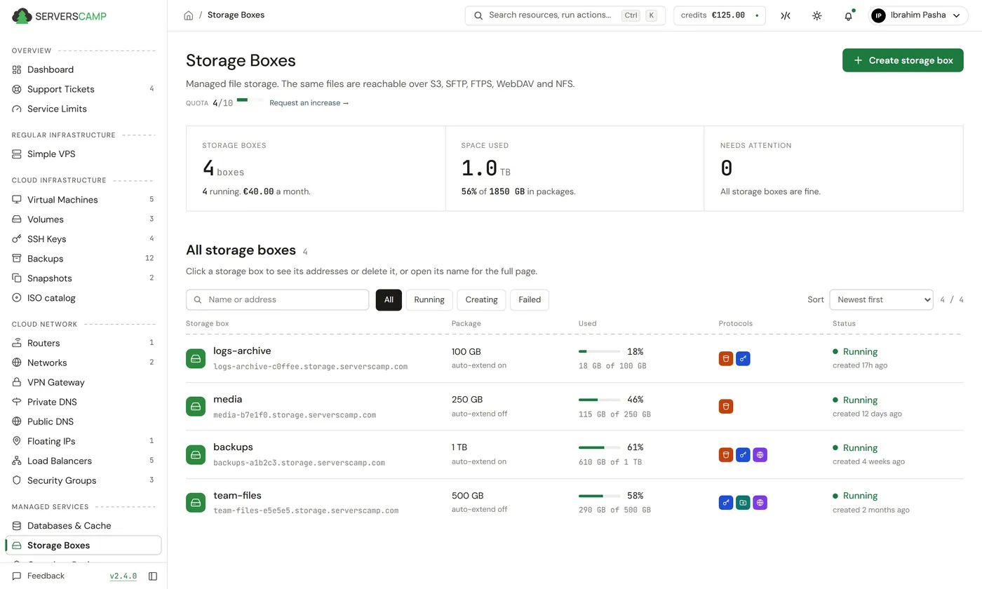Storage Boxes page of the ServersCamp Cloud Panel