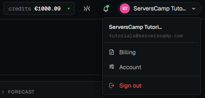 The account menu in the ServersCamp Cloud Panel with the Billing entry