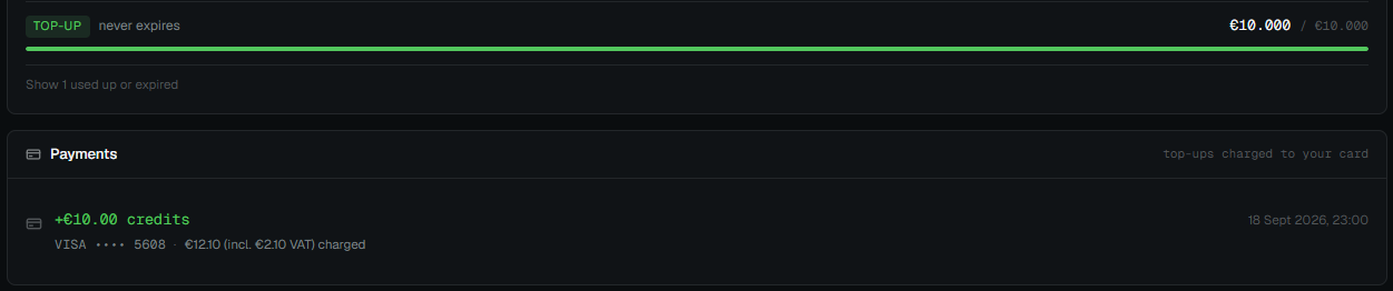 A completed top-up in the Payments list on the Credits tab