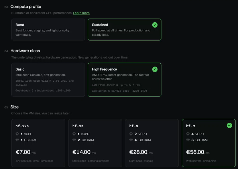 Choosing the VM size for a Minecraft server in the ServersCamp Cloud Panel