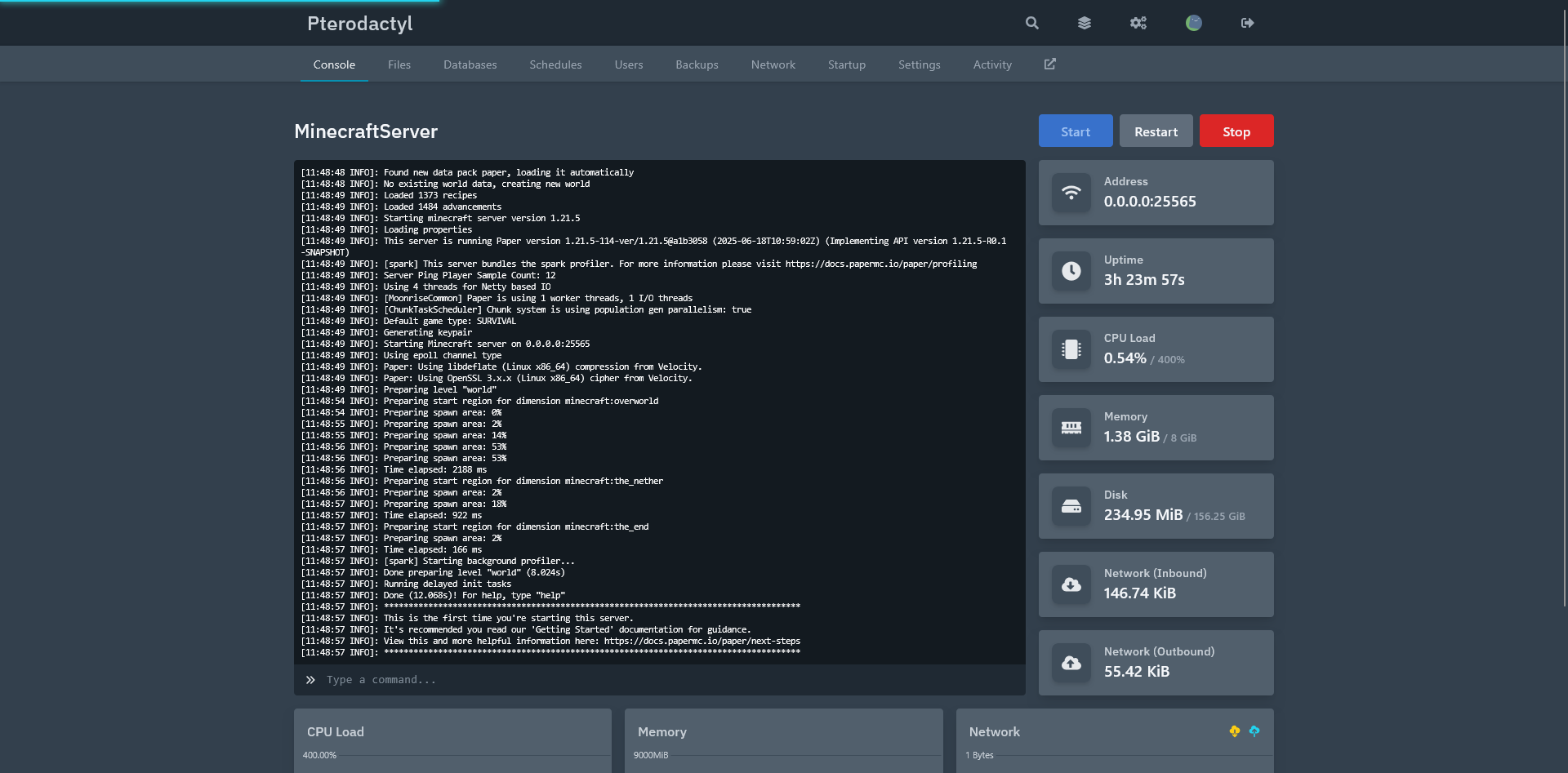 Pterodactyl console showing the Minecraft server Done message