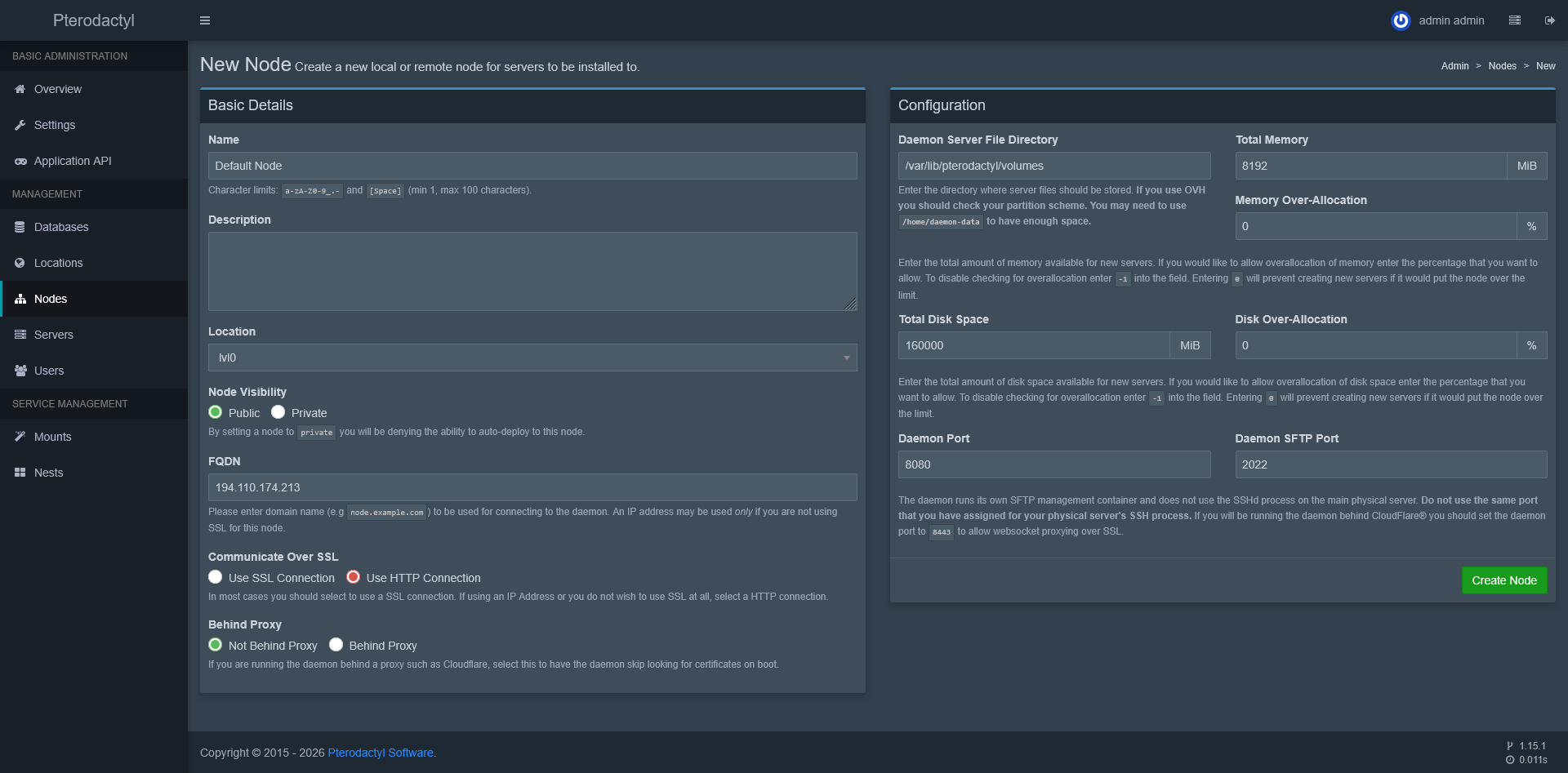 Creating a Wings node in the Pterodactyl admin panel