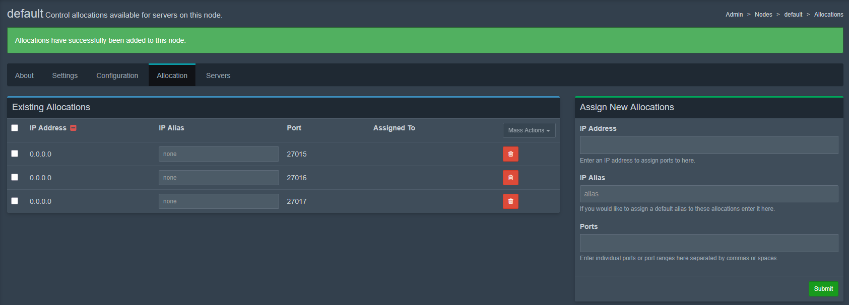 Pterodactyl node allocations page with ports 27015, 27016 and 27017 added