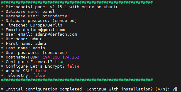Pterodactyl installer summary before installation starts