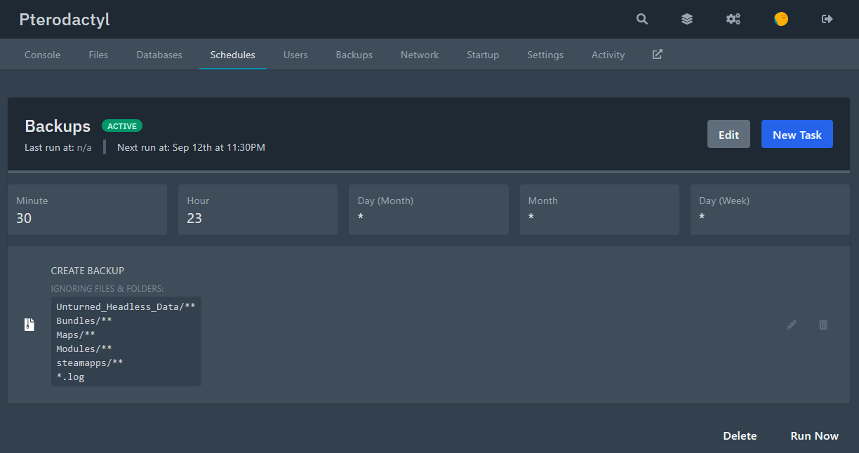 A nightly Create backup task in Pterodactyl with the Unturned engine folders in the ignore list