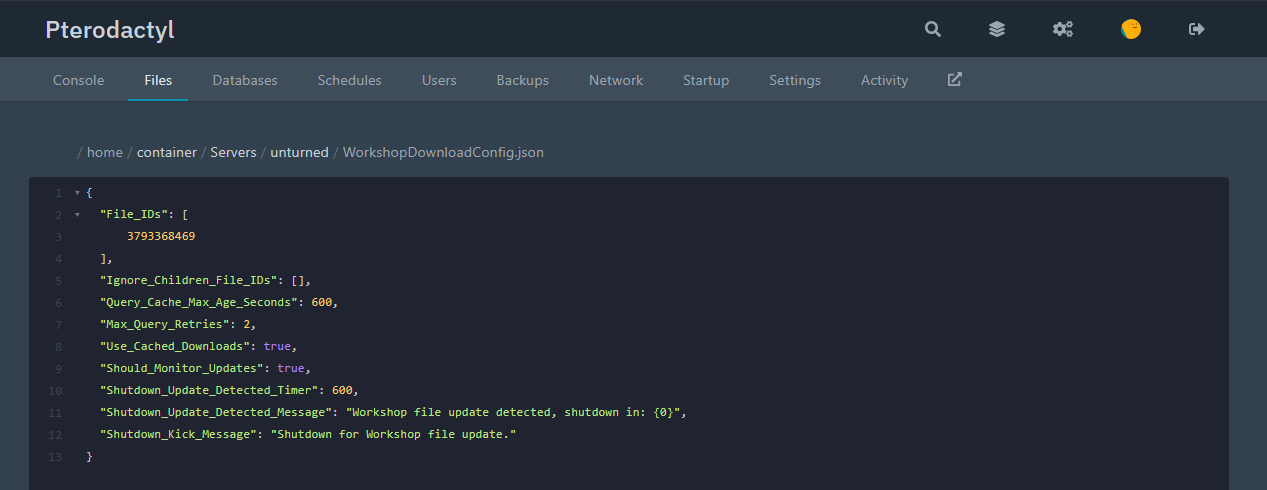 Editing WorkshopDownloadConfig.json in the Pterodactyl file manager with a mod ID in File_IDs